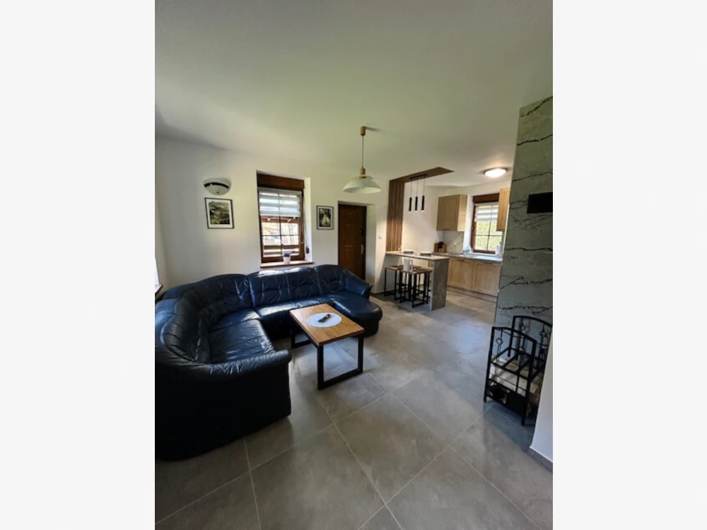 Salon z kanapą narożną i wyjściem na taras